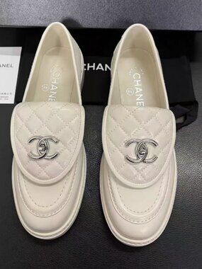 Chanel White Leather Loafers with CC Logo